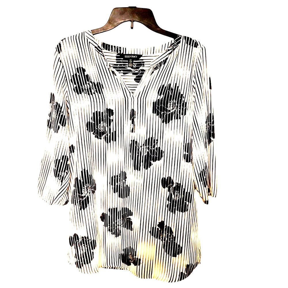 Ellen Tracy Floral Peony Striped Button-Up Shirt Dress Medium